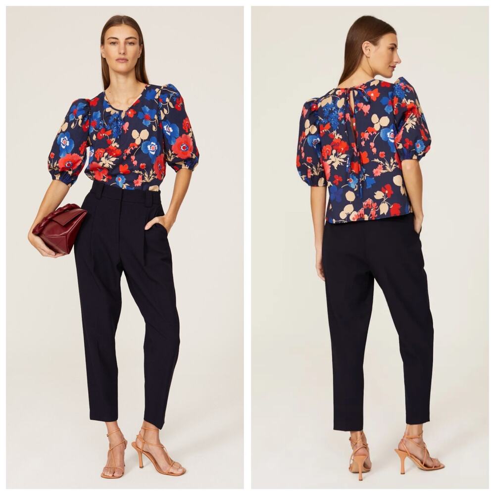 Peter Som x RTR Bright Floral Puff Sleeve Top Colorful Open Back Blouse- Size 10